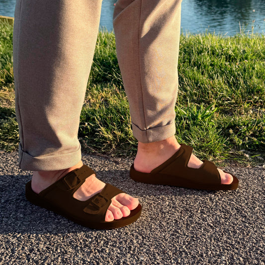 DrLuigi® Orthopedic 2-Strap Leather Slide Sandals for Men - Comfortable Medical Footwear Brown Leather