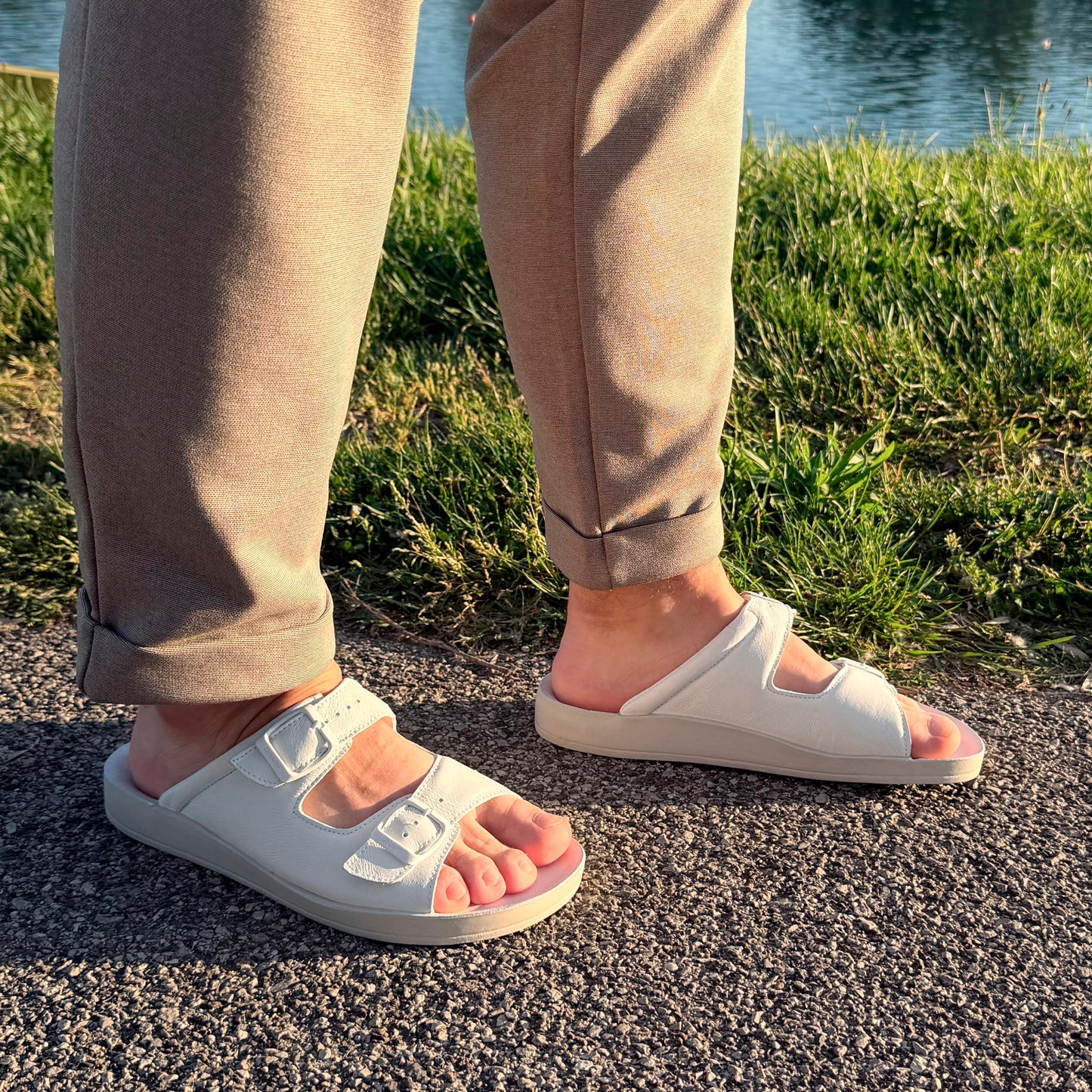 DrLuigi® Orthopedic 2-Strap Leather Slide Sandals for Men - Comfortable Medical Footwear White Leather