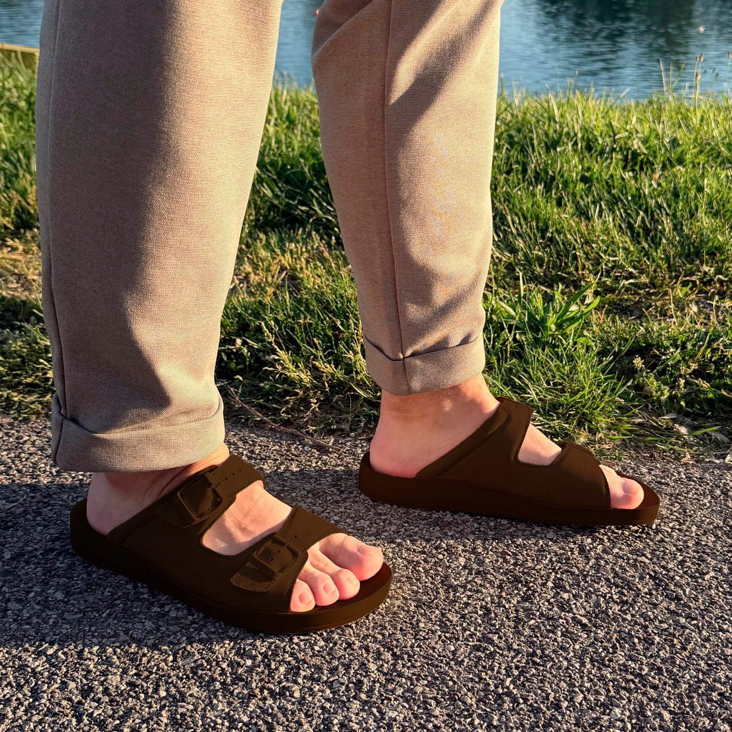 DrLuigi® Orthopedic 2-Strap Leather Slide Sandals for Men - Comfortable Medical Footwear Brown Leather