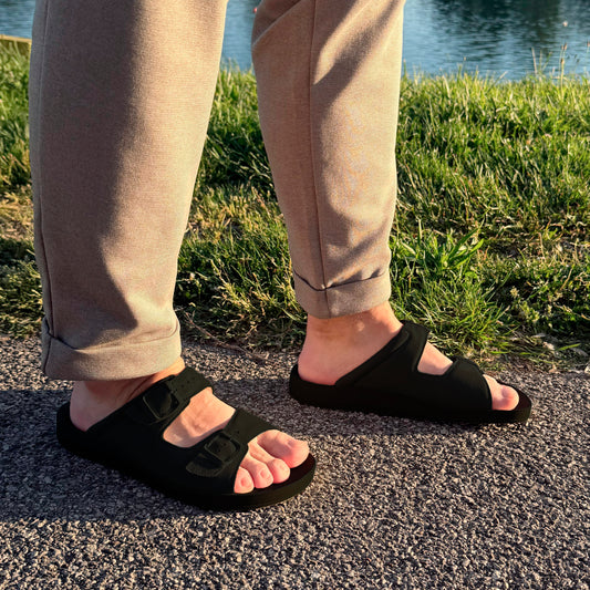 DrLuigi® Orthopedic 2-Strap Leather Slide Sandals for Men - Comfortable Medical Footwear Black Leather