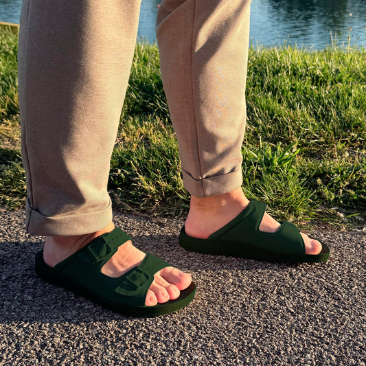 DrLuigi® Orthopedic 2-Strap Leather Slide Sandals for Men - Comfortable Medical Footwear Green Leather