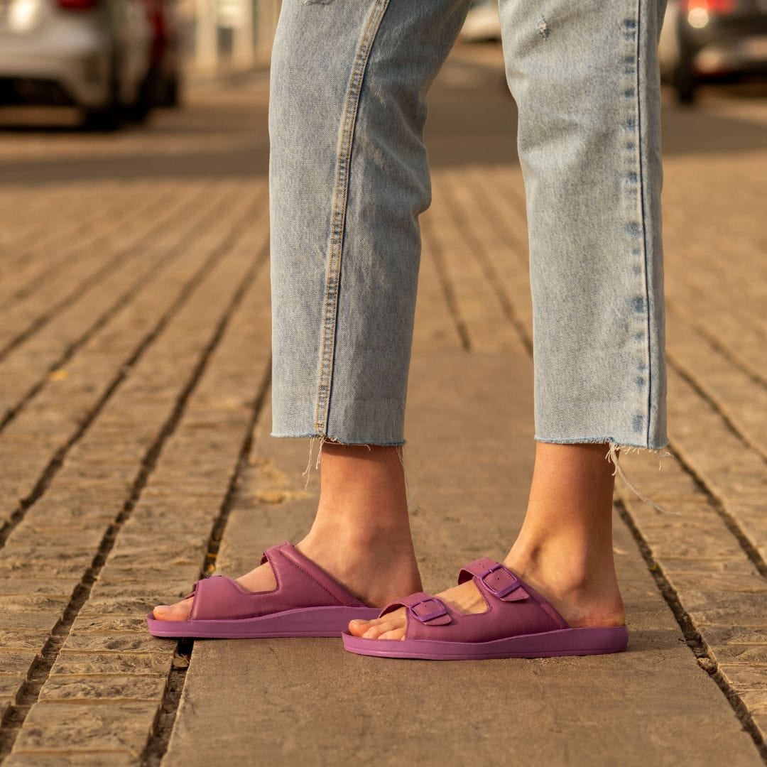 DrLuigi® Orthopedic 2-Strap Leather Slide Sandals for Woman - Comfortable Medical Footwear Violet Leather